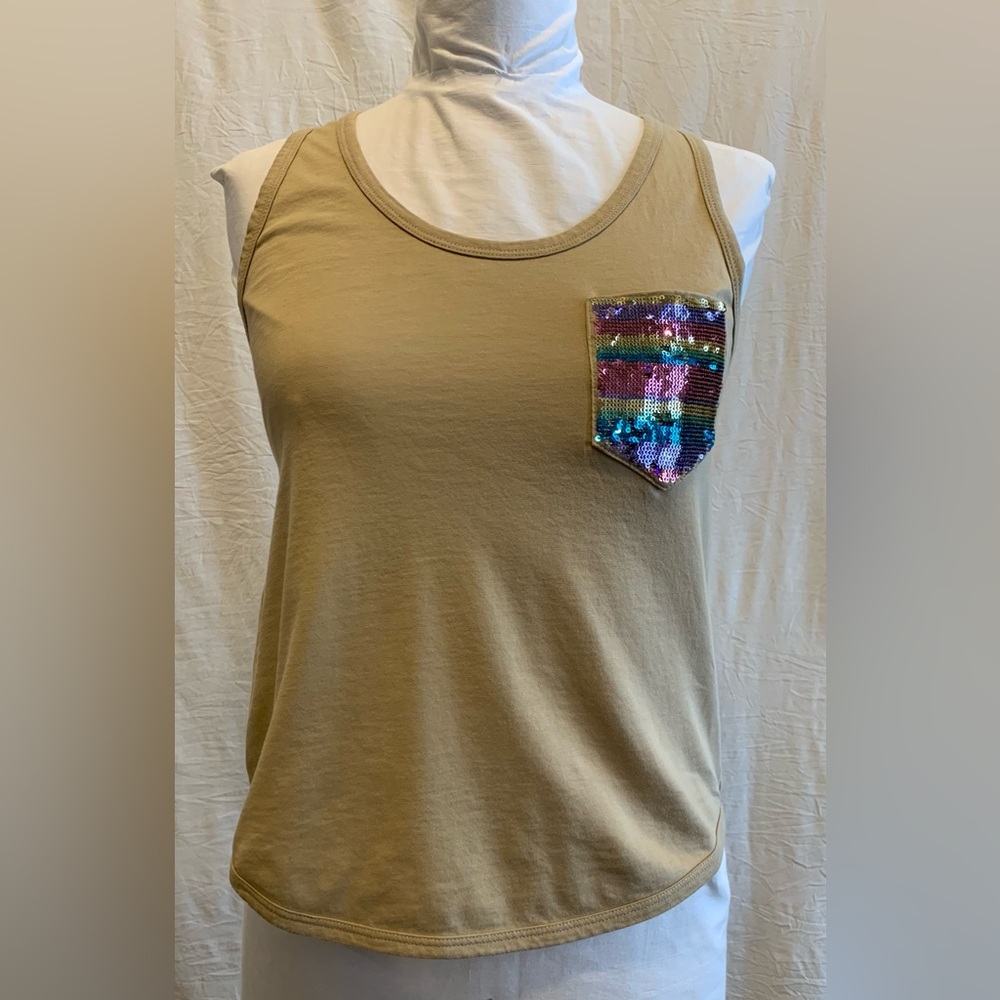 United Colors Of Benetton Tan Tank Top with Sequin Pocket - Size‎ XS